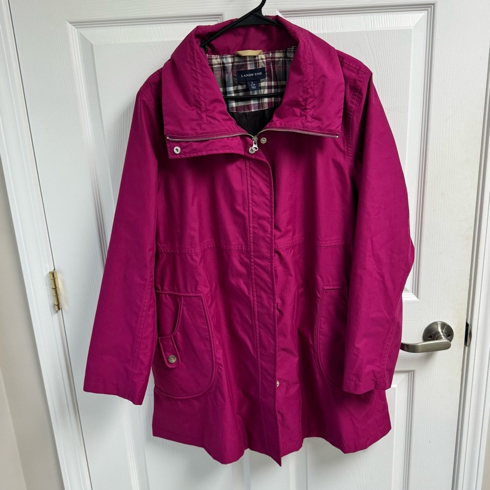Lands' End Women's Fuchsia Rain Jacket Trench Coat Plaid Lined Size L 14-16
